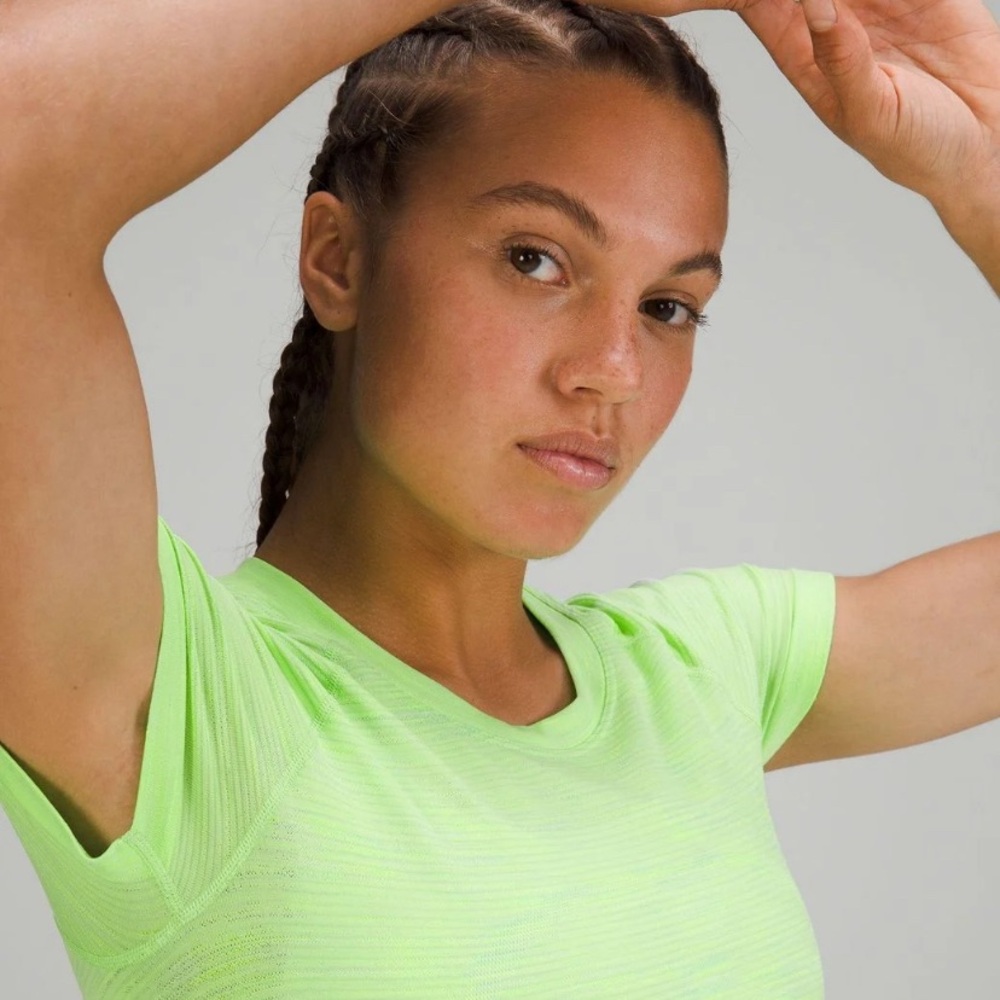 ATHLETA lime striped top small athletic fabric breathable stretch running etc